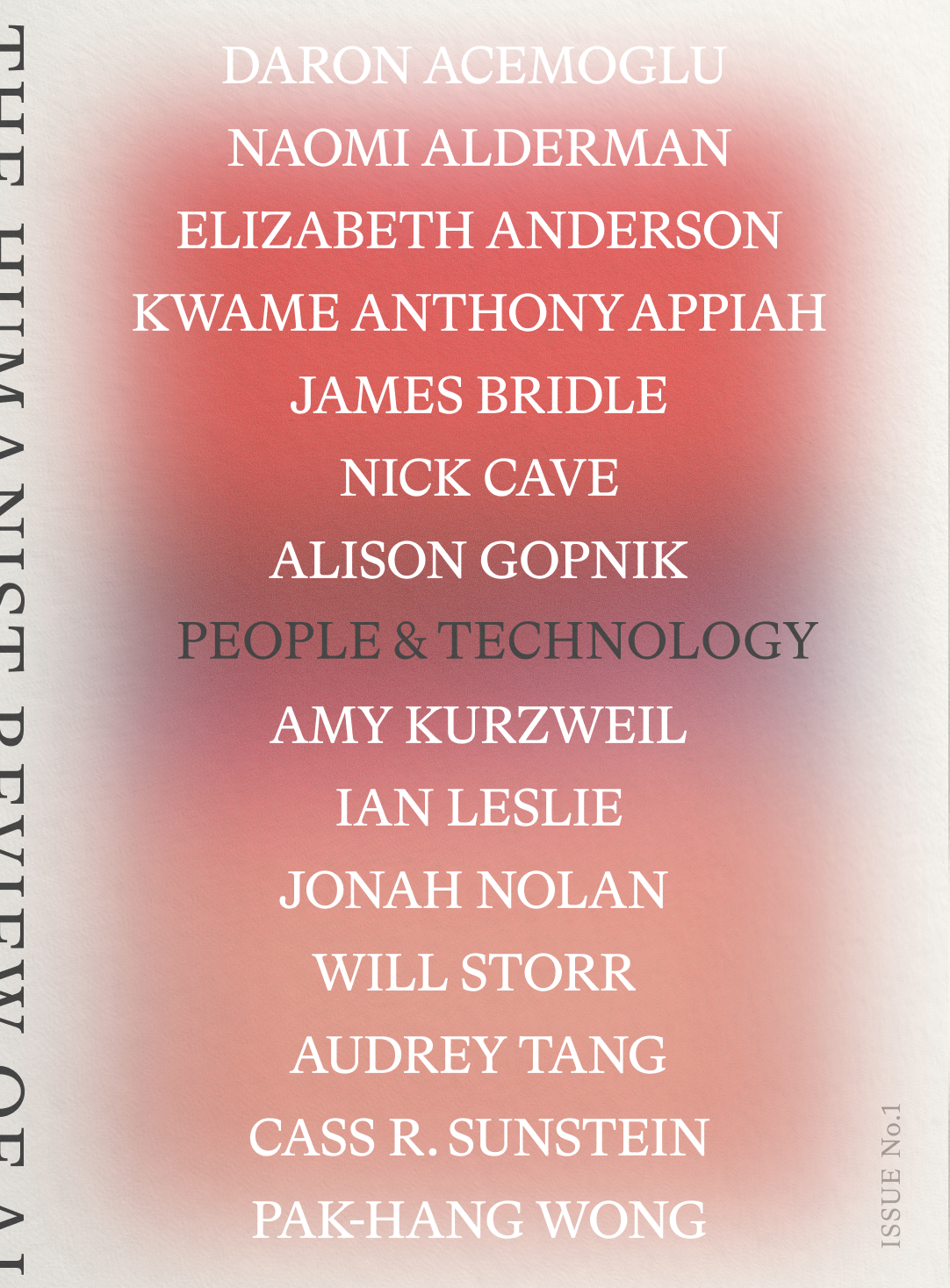 A magazine cover titled “The Humanist Review of AI” lists contributors’ names in white and red text on a pale gradient background, with "People & Technology" highlighted in gray. "ISSUE No.1" appears at the bottom right corner.