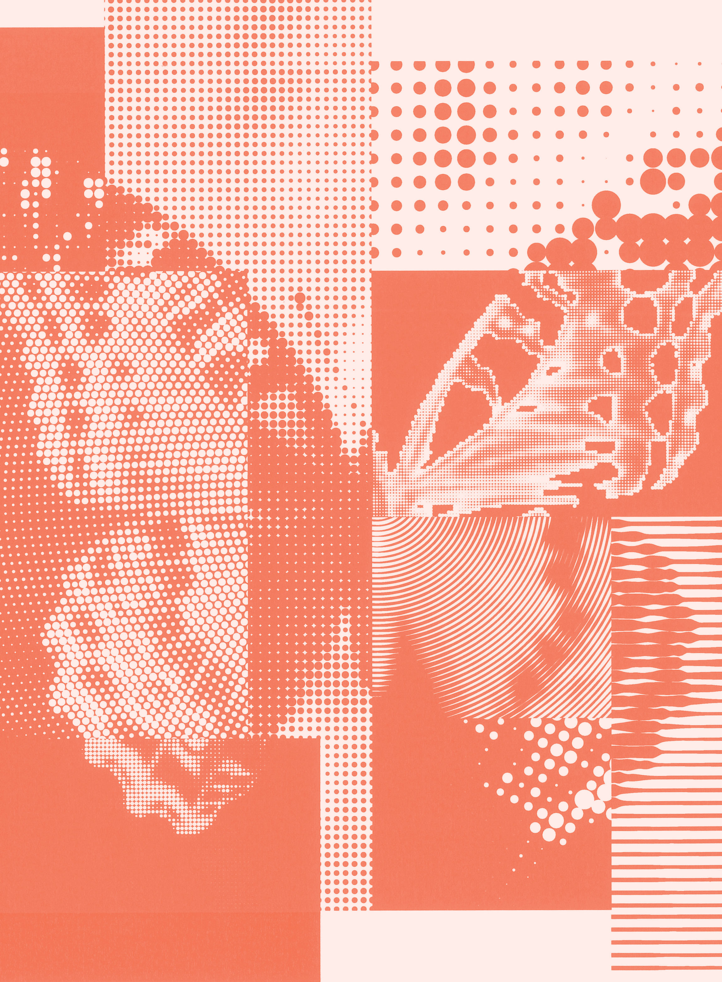 Abstract digital artwork in shades of coral and beige, featuring a butterfly shape created with halftone dots, geometric patterns, and layered textures. The image blends organic and geometric elements for a modern look.