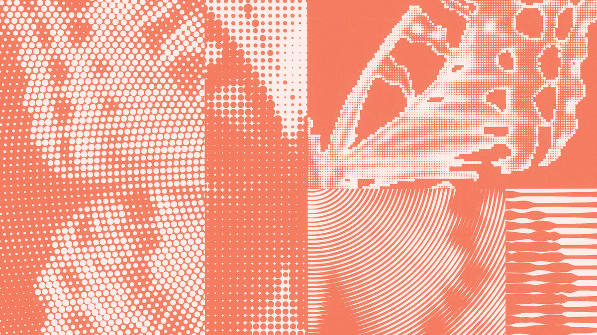 Abstract design with geometric patterns in white and coral orange. The image is divided into four sections, each featuring different dot, line, and wave textures, creating a modern, graphic look.