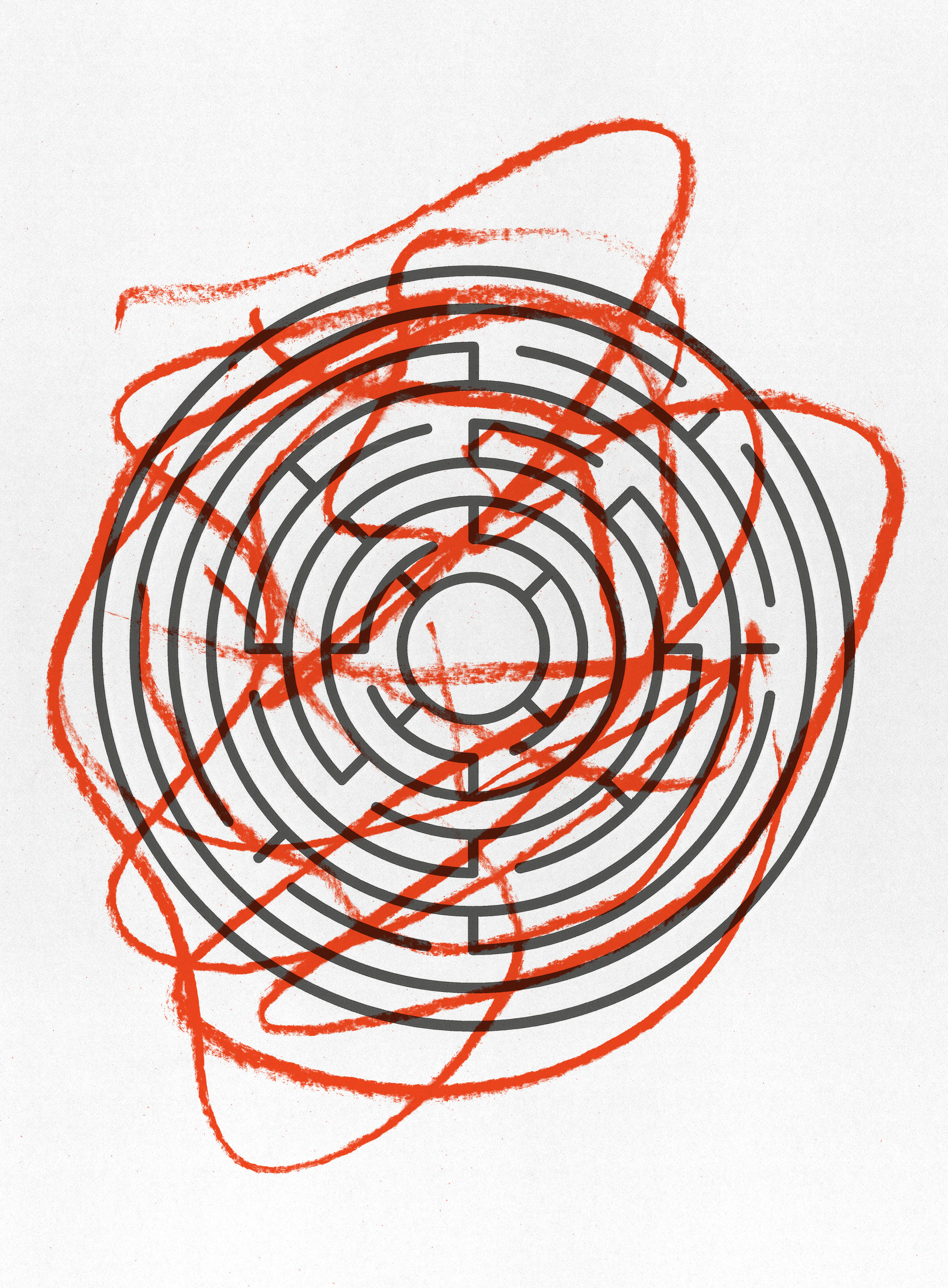 A black circular maze on a white background is overlaid with rough, red crayon scribbles, creating a chaotic contrast between the structured lines and the erratic marks.