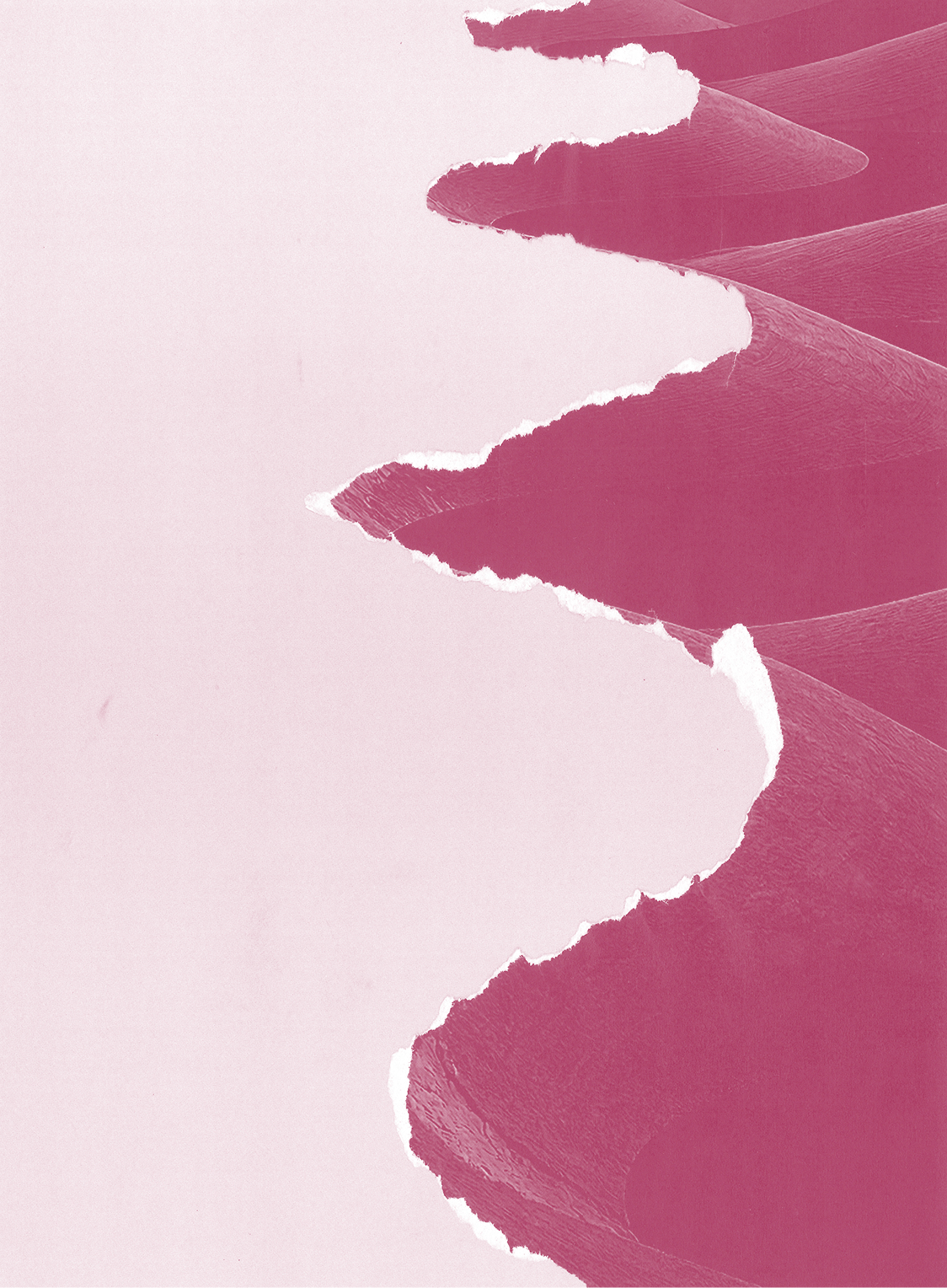 Pink-tinted abstract image showing layered, wavy, torn-paper-like edges on the right, resembling sand dunes or topographic lines, fading to a plain light background on the left.