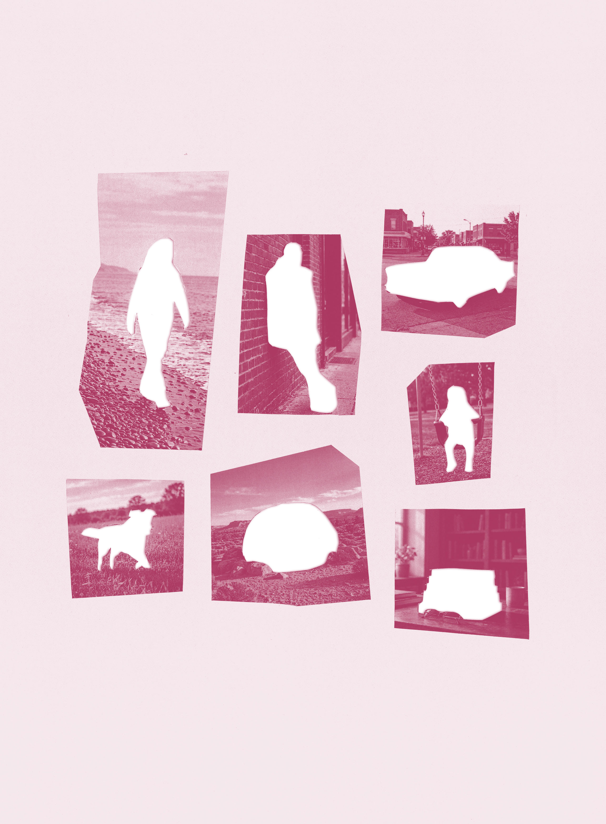 A collage of pink-tinted photographs each with a white silhouette cutout: a person walking, a standing person, a car, a seated figure, a dog, a rock, and two pieces of furniture, all on a plain pink background.