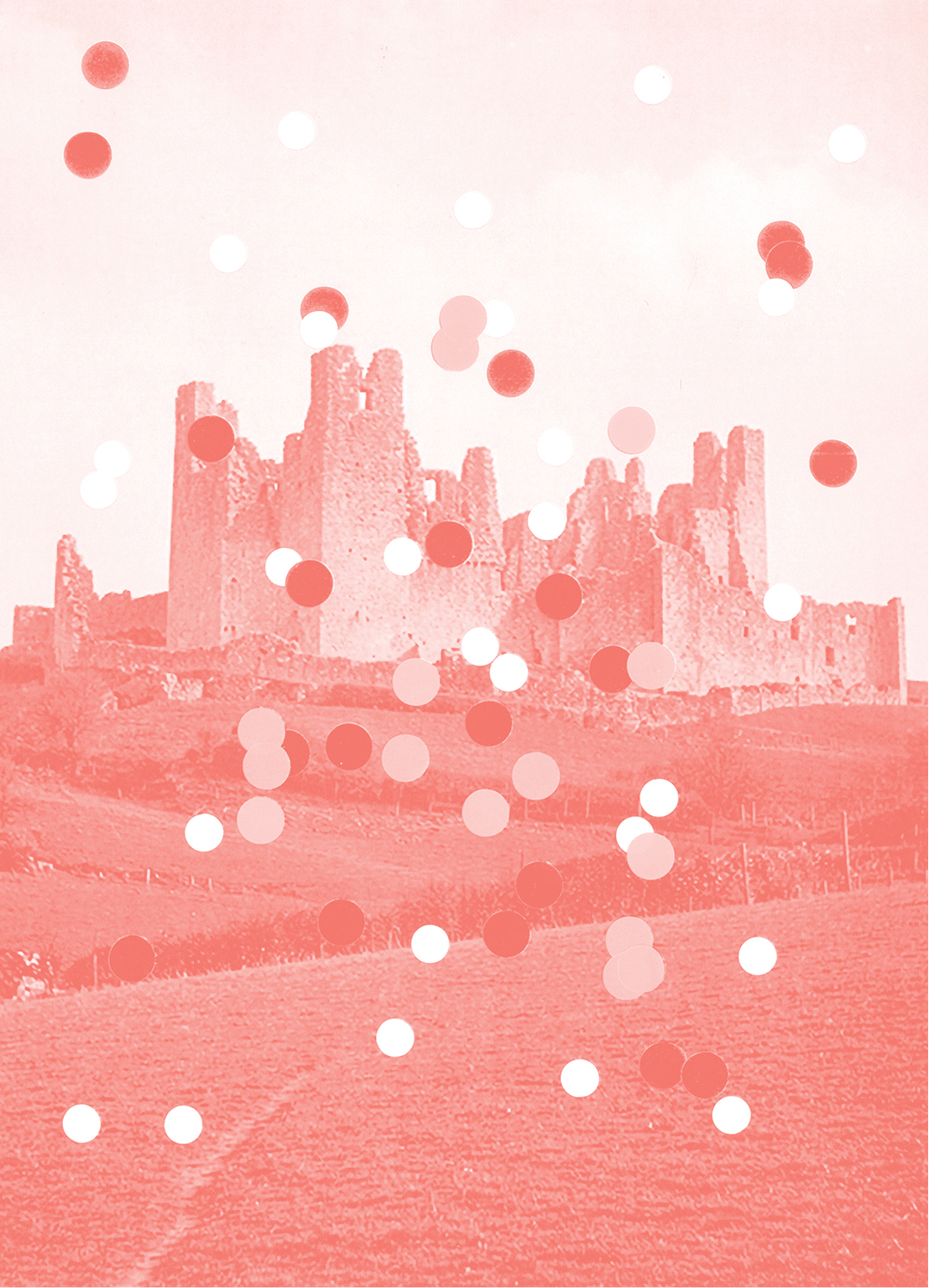 A faded, red-toned image of a ruined stone castle on a grassy hill is overlaid with scattered white and red dots of varying sizes.