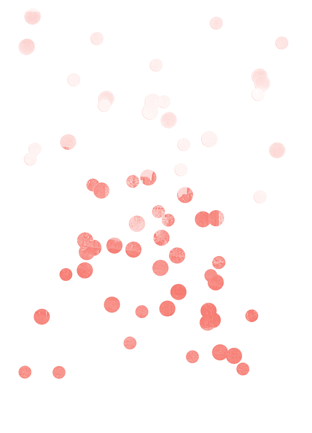 Scattered pink and red watercolor dots of varying sizes on a white background, arranged loosely in clusters with some fading at the top.