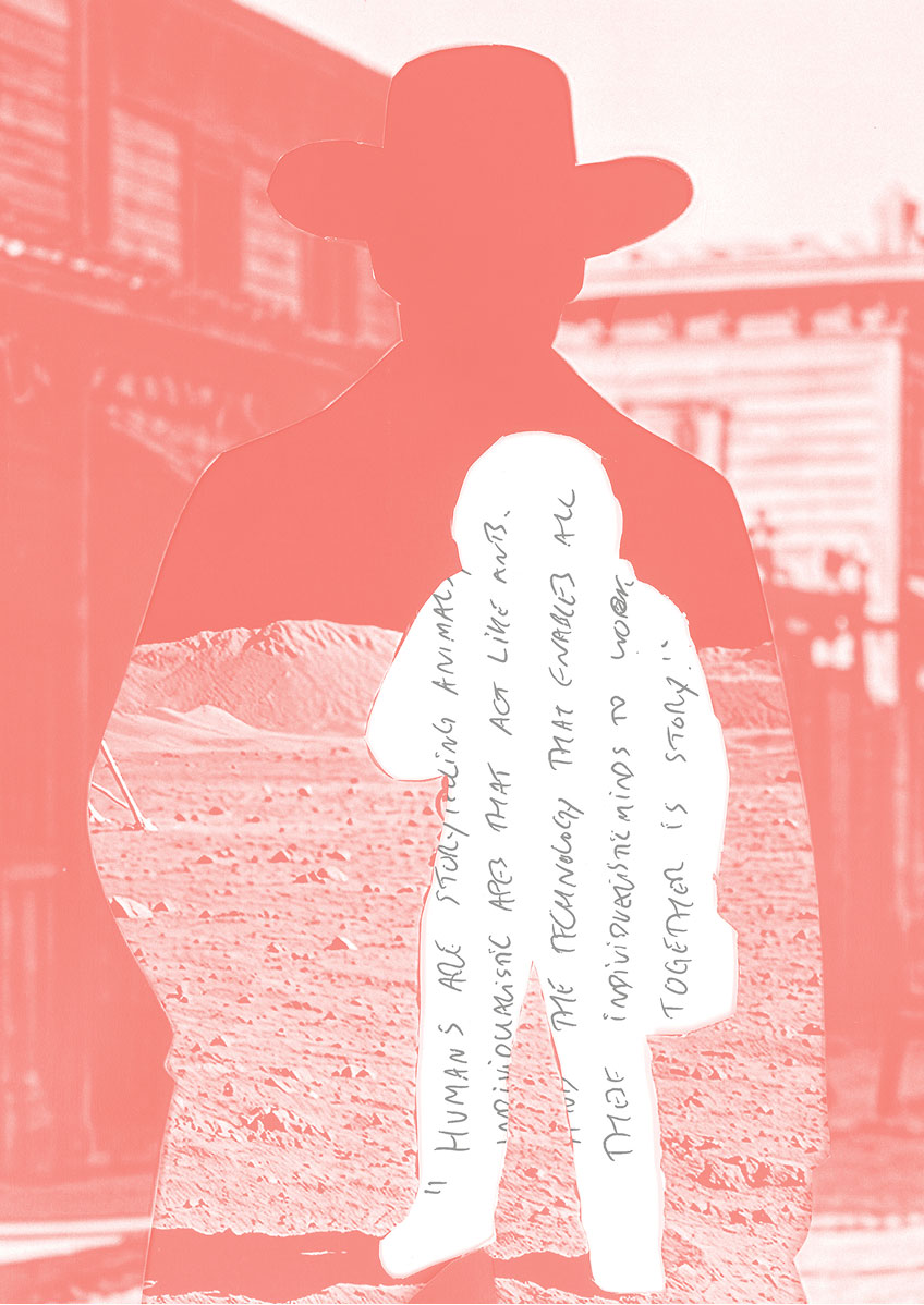 A silhouette of a person in a cowboy hat overlays a Western street; inside the silhouette is a white cutout of a child with handwritten text about humans and technology working together.