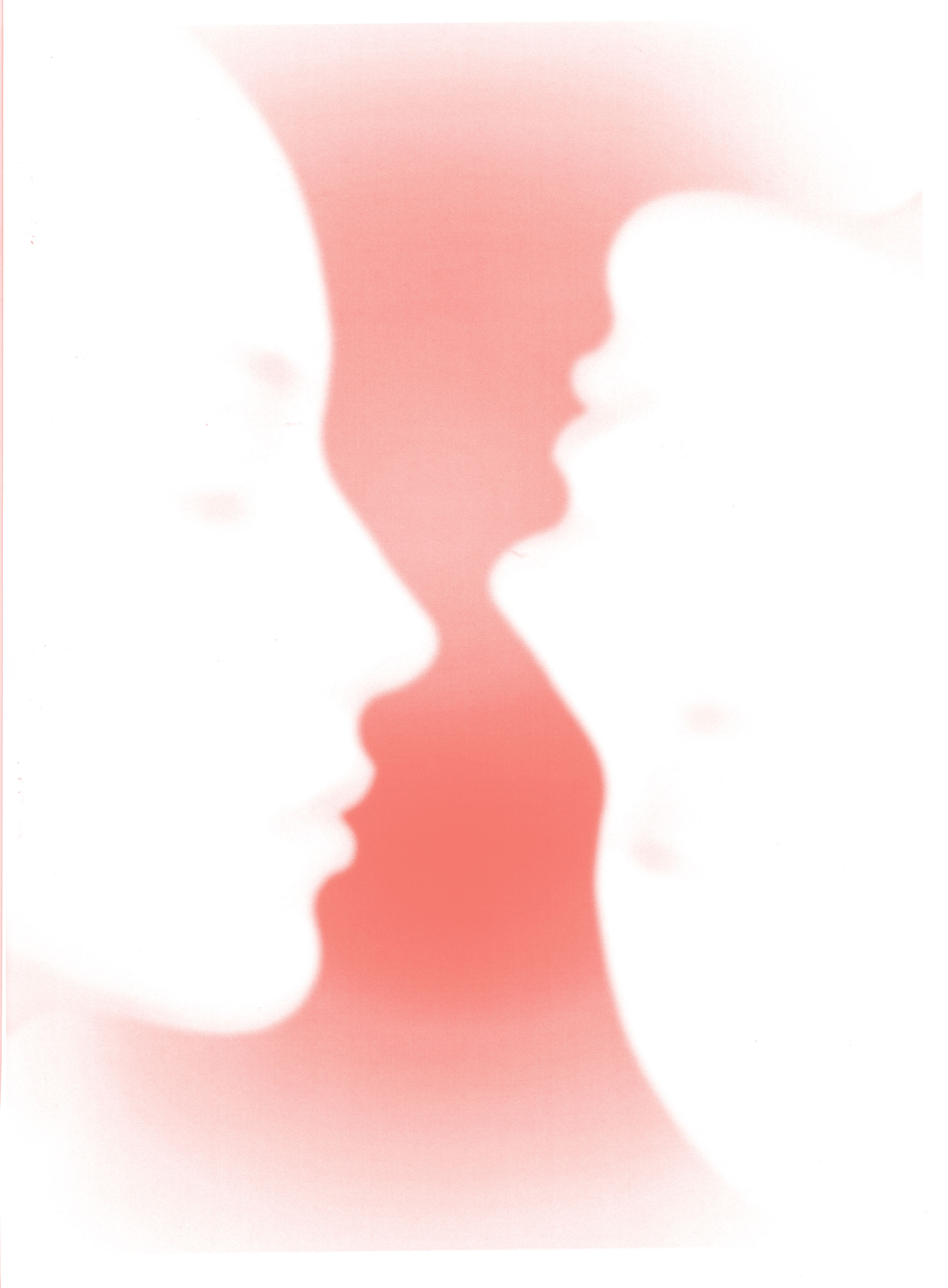 Two softly blurred, white human profiles face each other against a red gradient background; one is upright on the left, and the other is tilted upward on the right, creating an abstract, ethereal effect.
