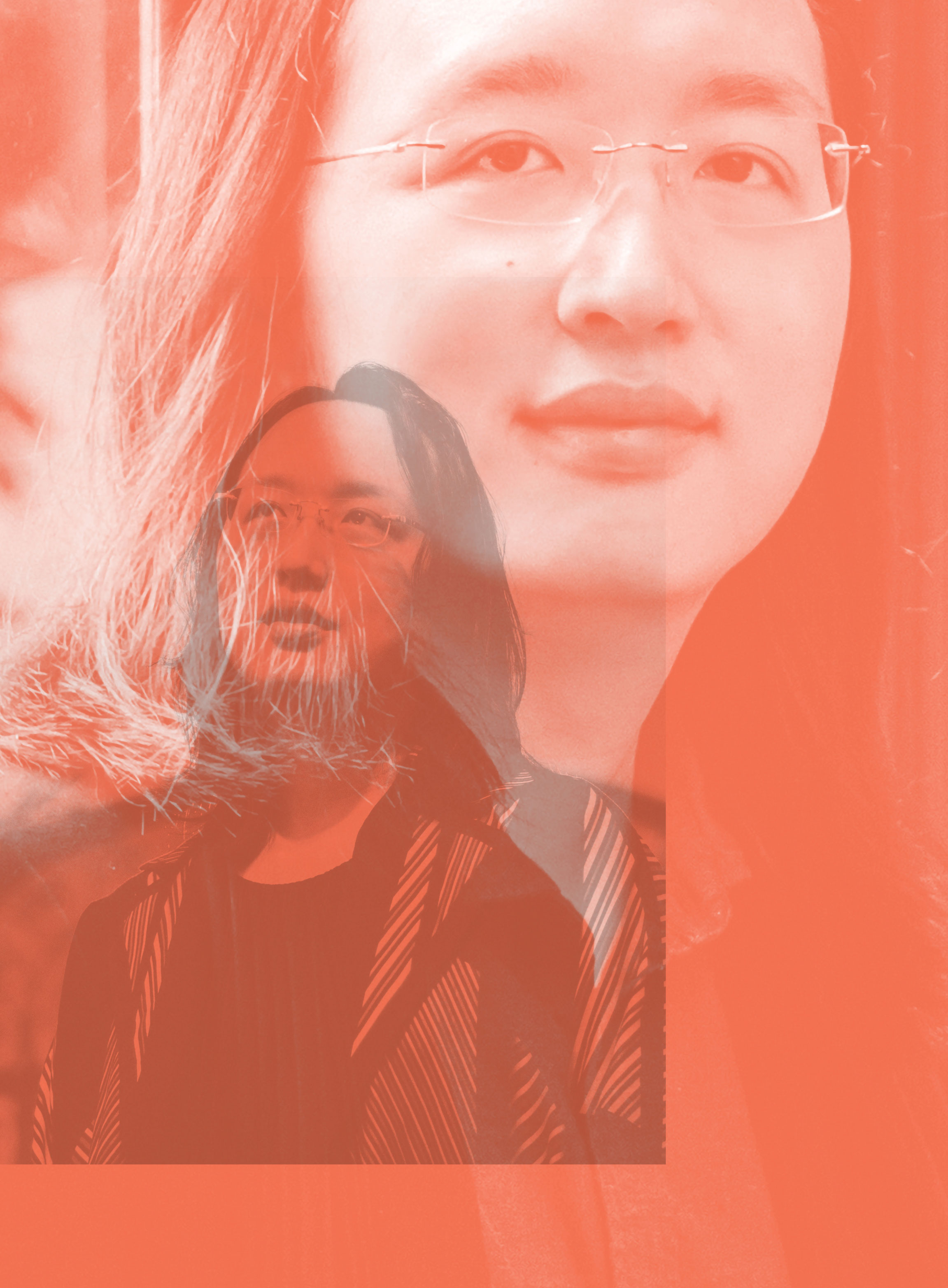 A stylized, double-exposed image features a person with long hair and glasses, shown in both a close-up portrait and a smaller, full-body view. The image has a red-orange color overlay.