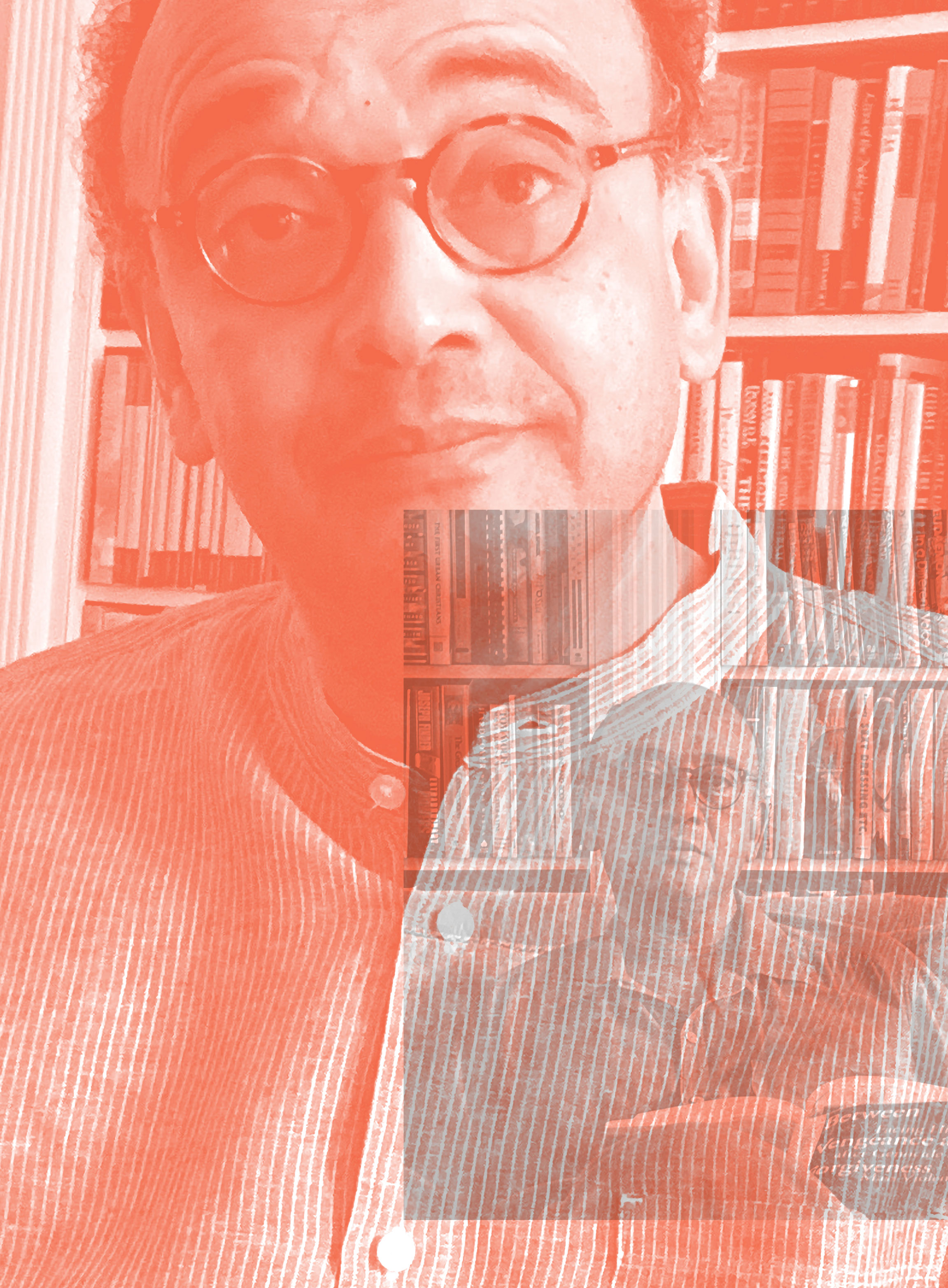 A man wearing glasses and a striped shirt sits in front of a bookshelf filled with books. The image has an orange tint and a semi-transparent overlay showing a different angle of the man.