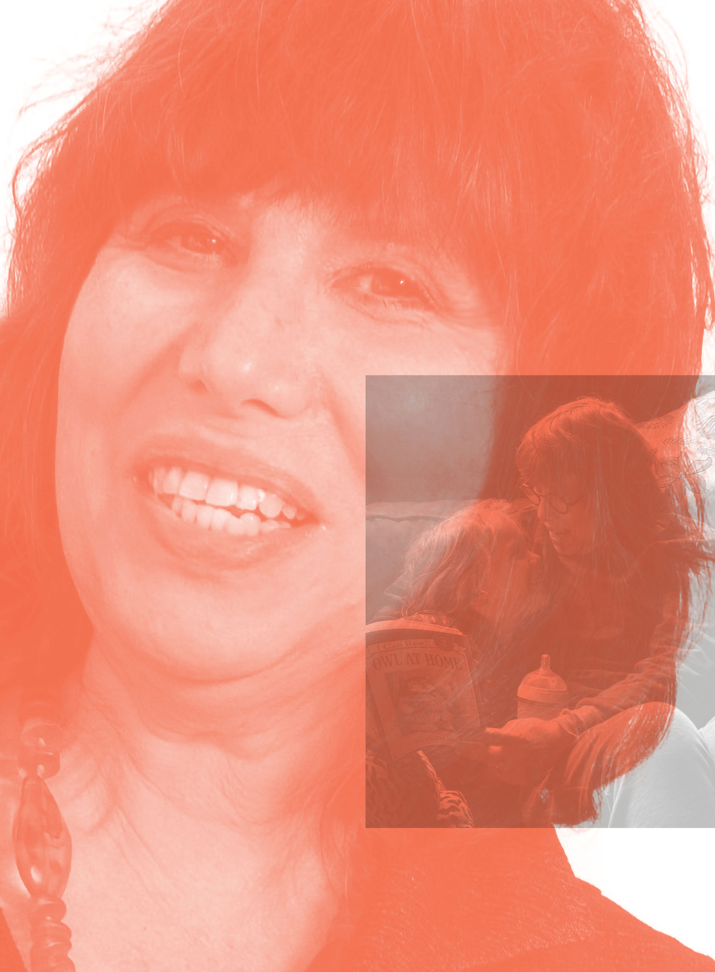 A smiling woman with dark hair is overlaid with a semi-transparent, smaller image of two people reading a book together while holding a baby bottle. The entire image has an orange-red tint.