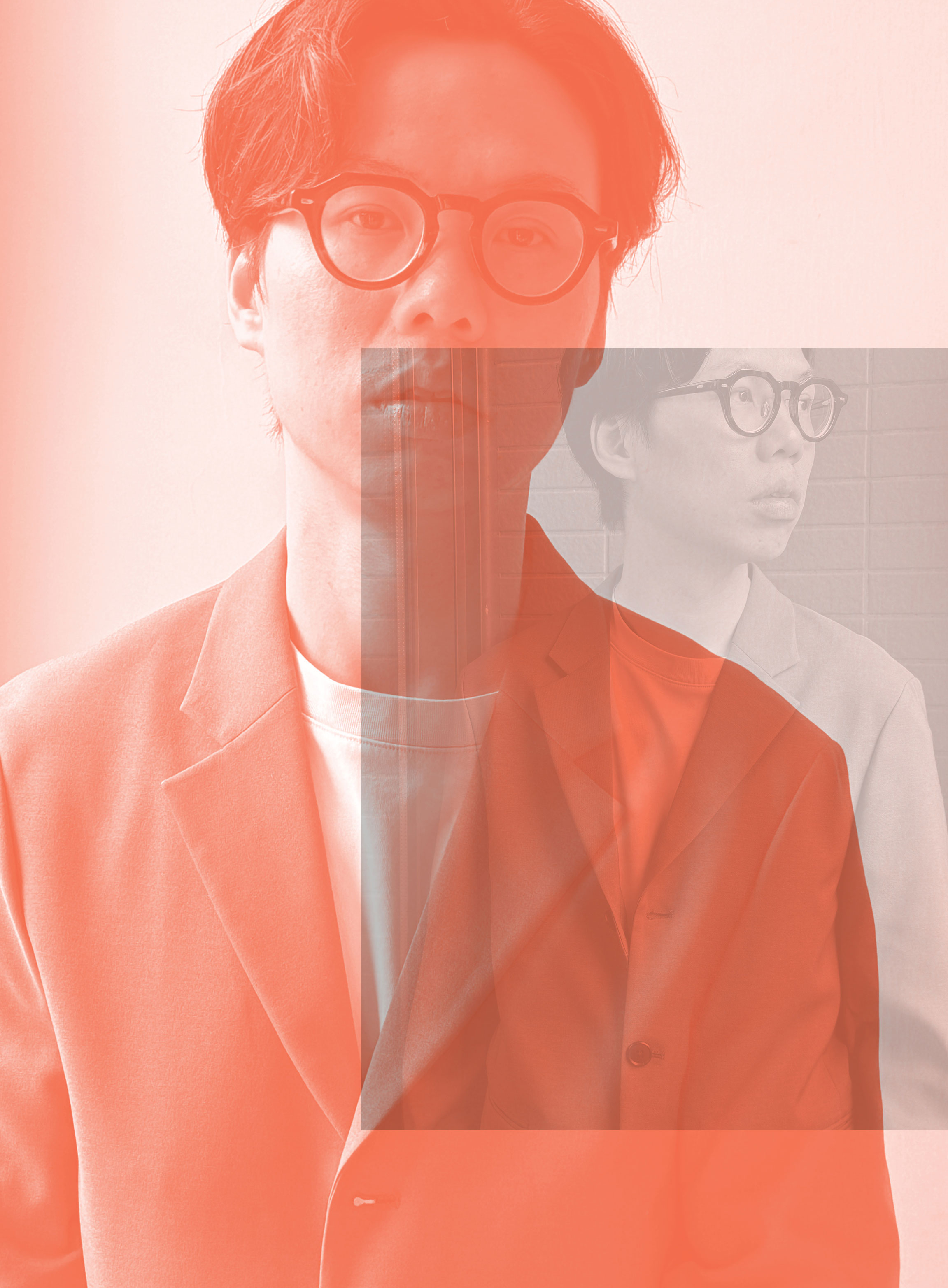 A portrait of a person with short dark hair and round glasses, wearing a blazer, is overlaid with a translucent red tint and a semi-transparent square featuring a grayscale version of the same person.