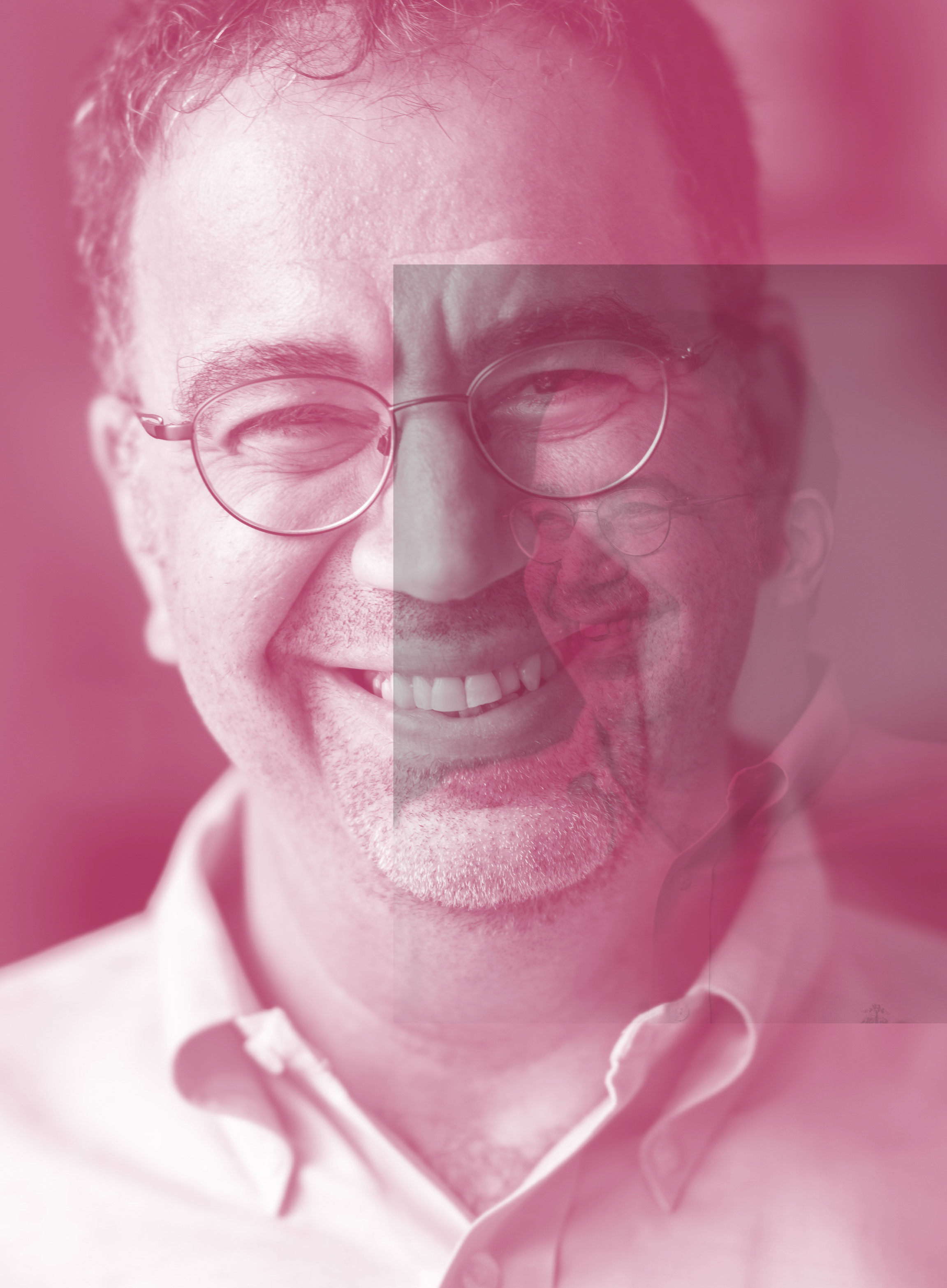 A man with glasses and a short beard smiles at the camera. The image has a pink filter and a semi-transparent, smaller photo of the same man is overlaid on the right side of his face.