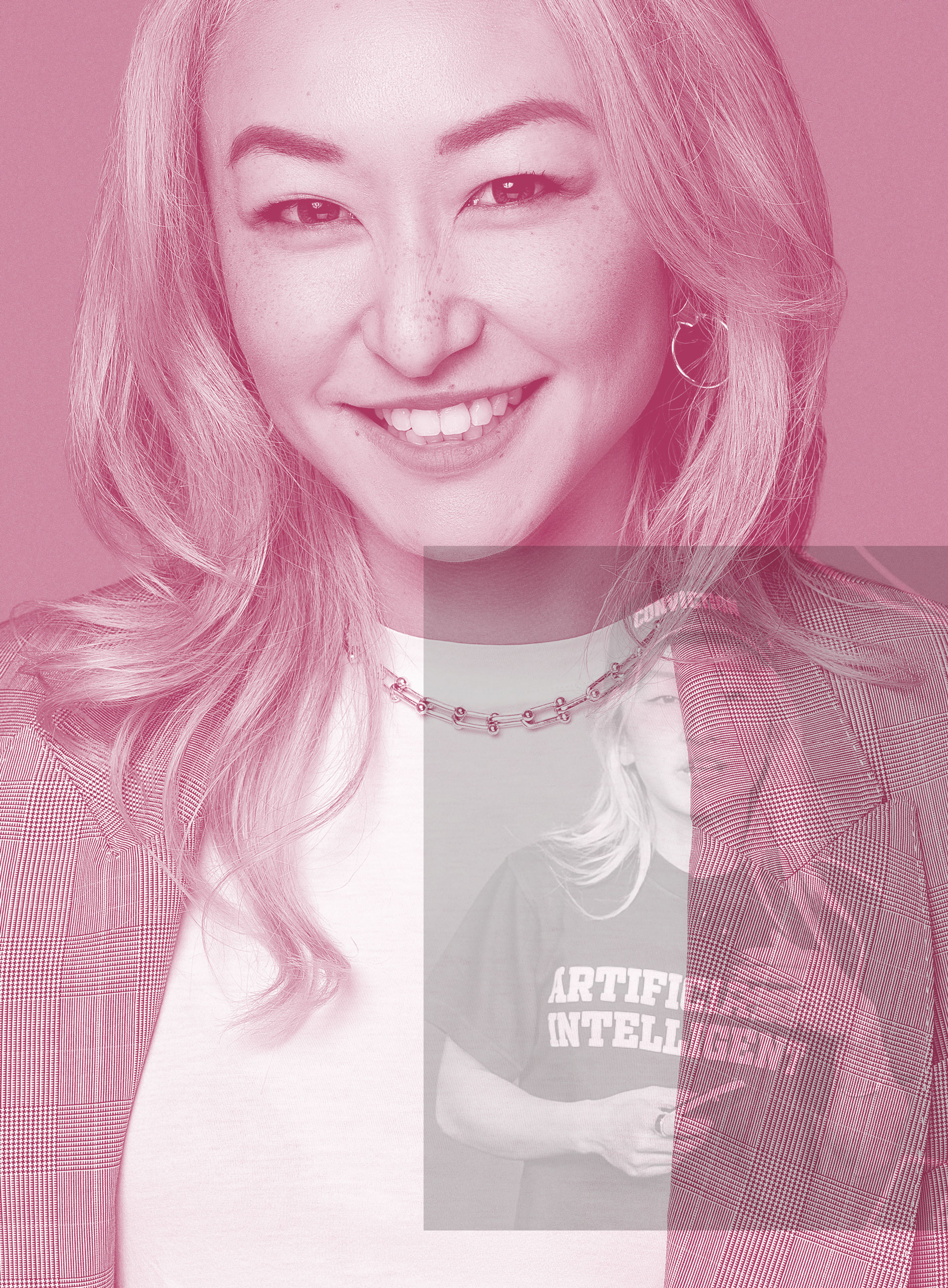 A smiling woman with long, light hair wears a plaid blazer and white shirt; overlaid is a semi-transparent image of her in an "Artificial Intelligence" T-shirt. The photo has a pink tint.