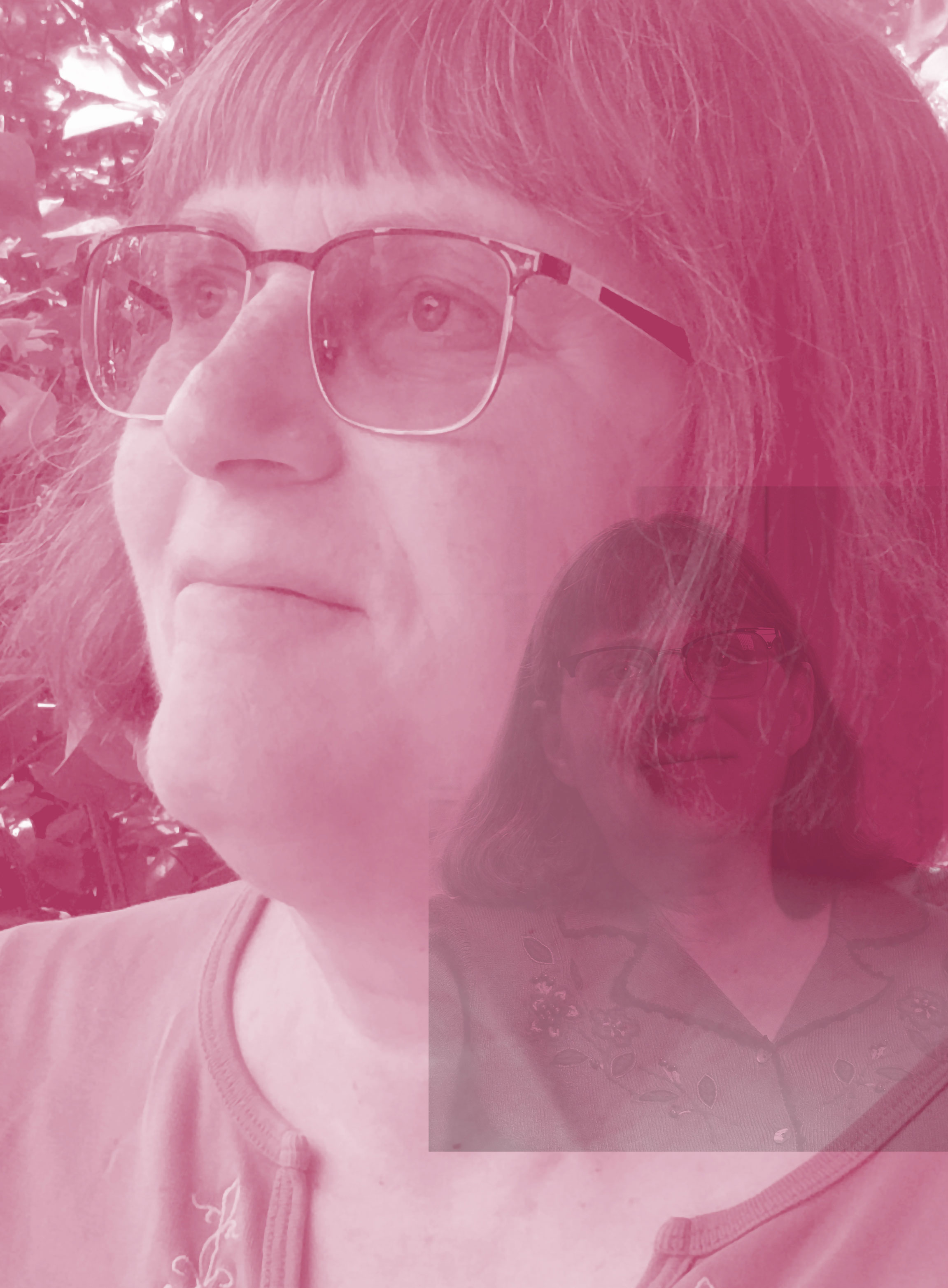 A woman with glasses and shoulder-length hair looks up thoughtfully; the image is tinted pink with a translucent overlay of the same woman smiling in the bottom right corner. Trees are blurred in the background.