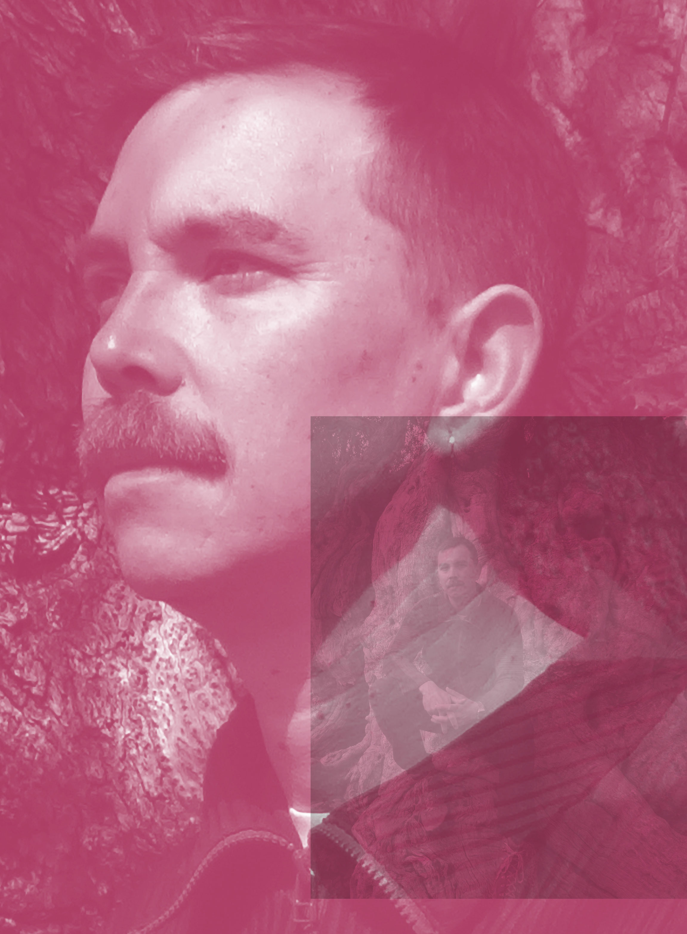 A tinted pink photo of a man with short hair and a mustache, looking left. A semi-transparent square overlays the image, showing a smaller, duplicate image of the man within it.