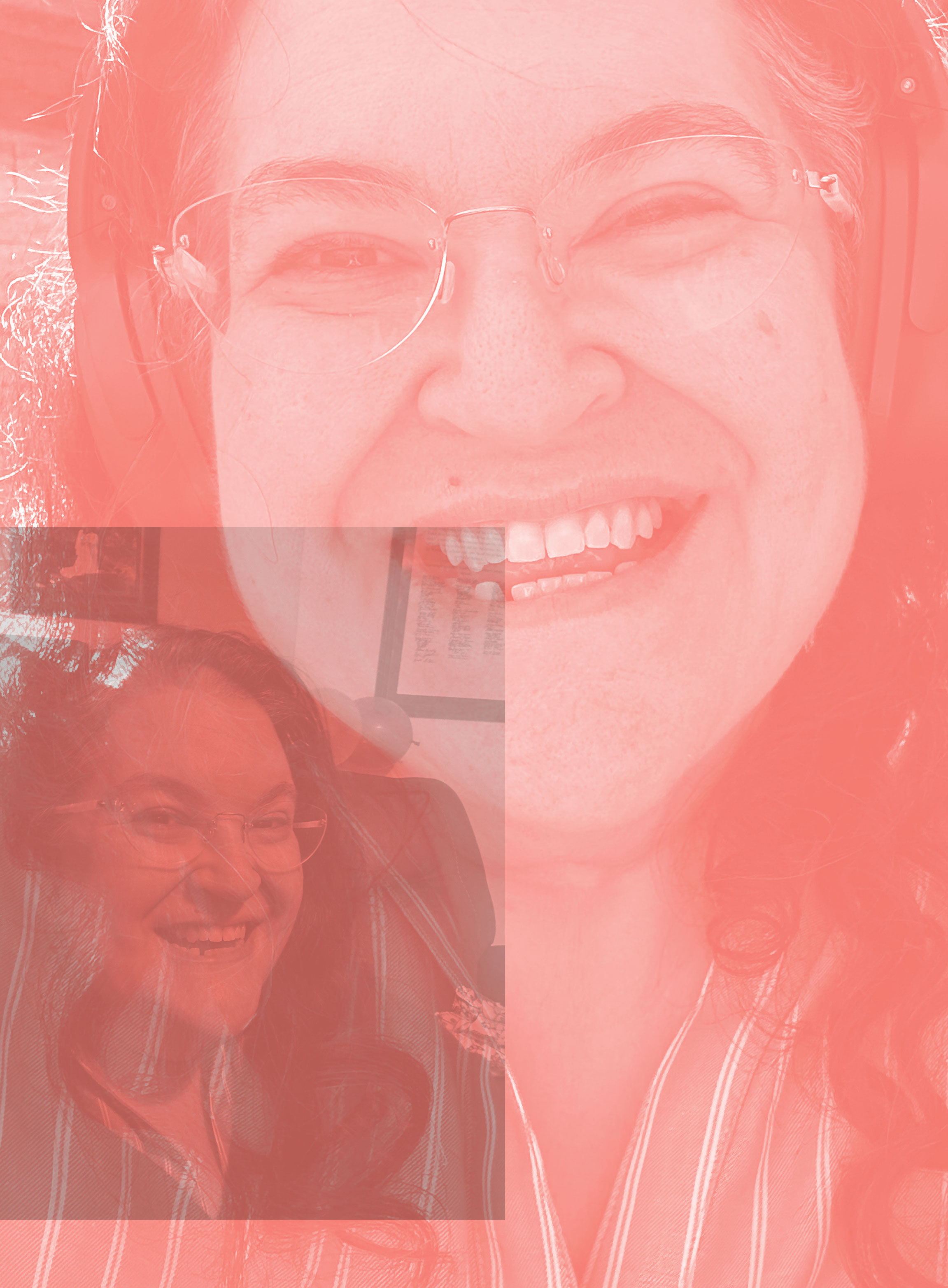 A woman with glasses and headphones smiles broadly. The image has a reddish overlay and a semi-transparent square showing a smaller, similar version of her smiling against a background with framed pictures.