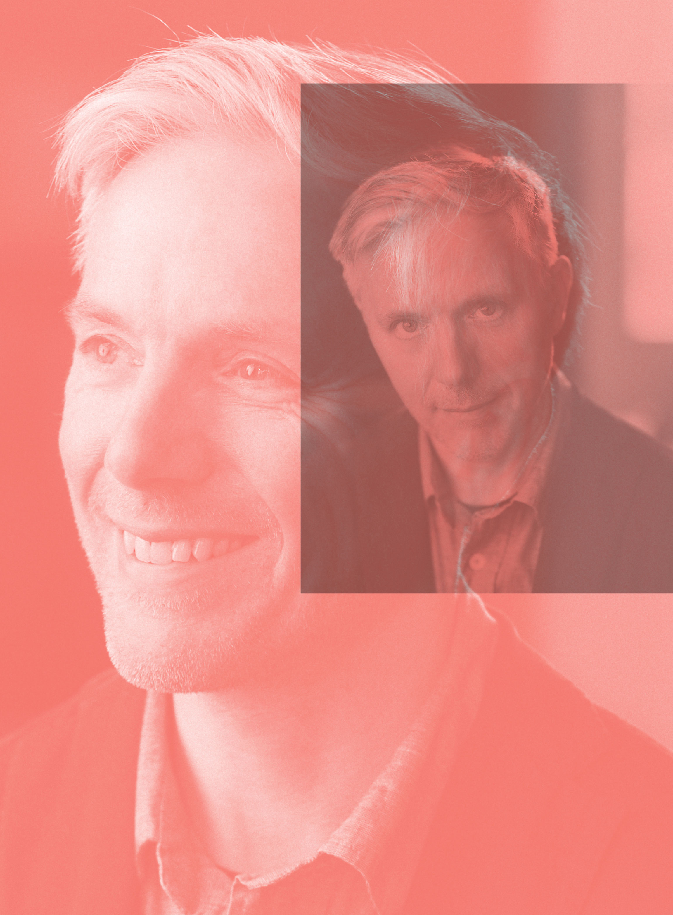 A double-exposure image shows a smiling man with light hair, overlaid with a smaller, more serious portrait of the same man, all in a red tint.