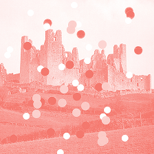 A faded image of a large stone castle ruin on a hill, overlaid with clusters of red and white dots.