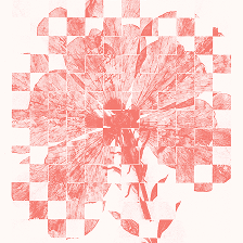 A red-toned flower illustration is overlaid with a white checkerboard pattern, creating a fragmented visual effect.