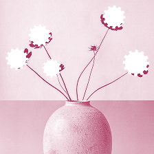A pink-toned image of a round vase with five long-stemmed flowers. The flower heads have been replaced by white gear shapes, giving the arrangement a surreal and abstract appearance.
