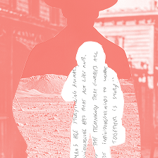 A silhouette of a person holding a child, overlaid with handwritten text and an urban background in a red and white duotone style.