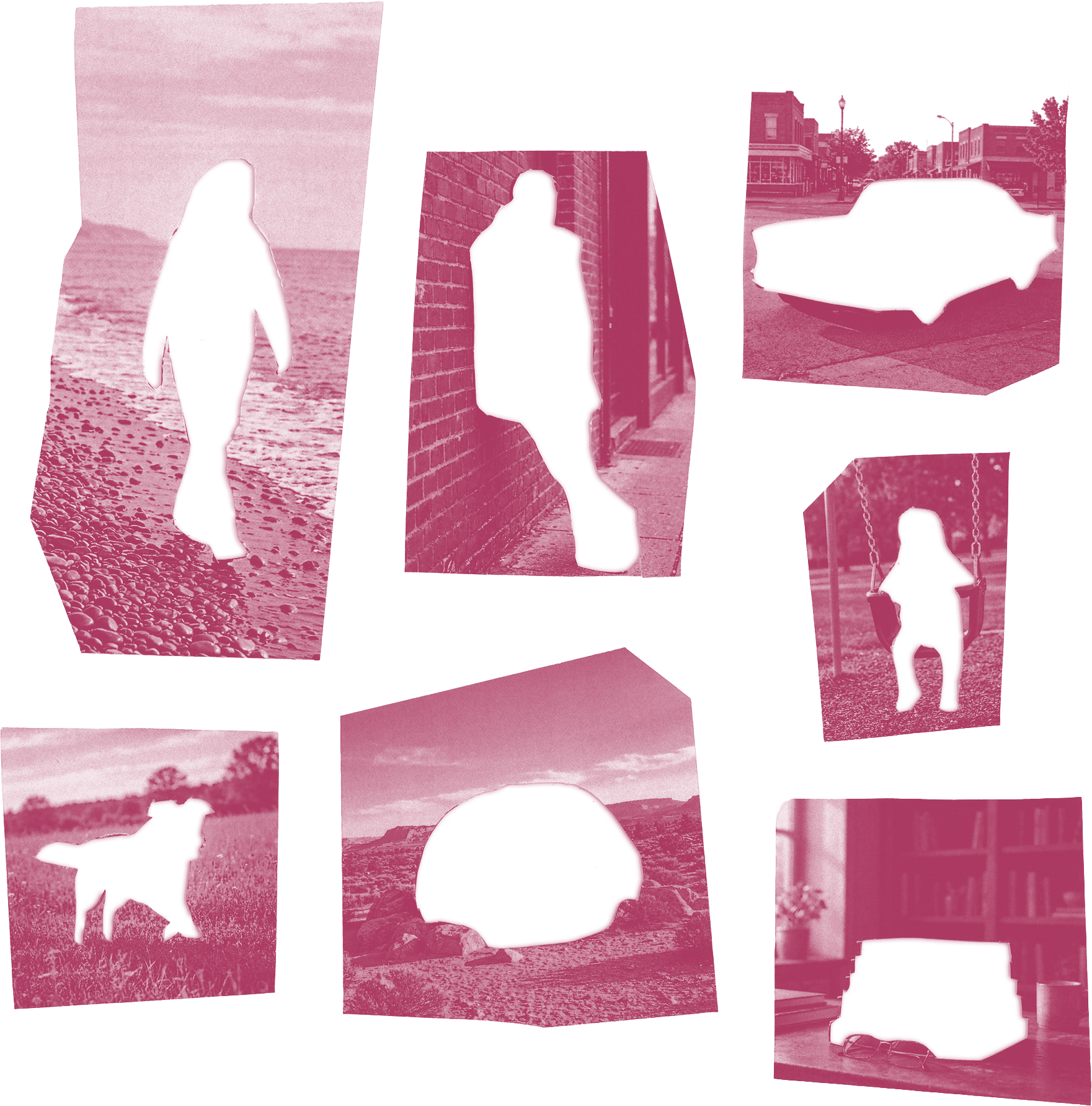 Collage of pink-tinted photos with white silhouettes cut out, showing a person walking on a beach, a person by a wall, a car, a child on a swing, a dog, a rock, and a stack of books.