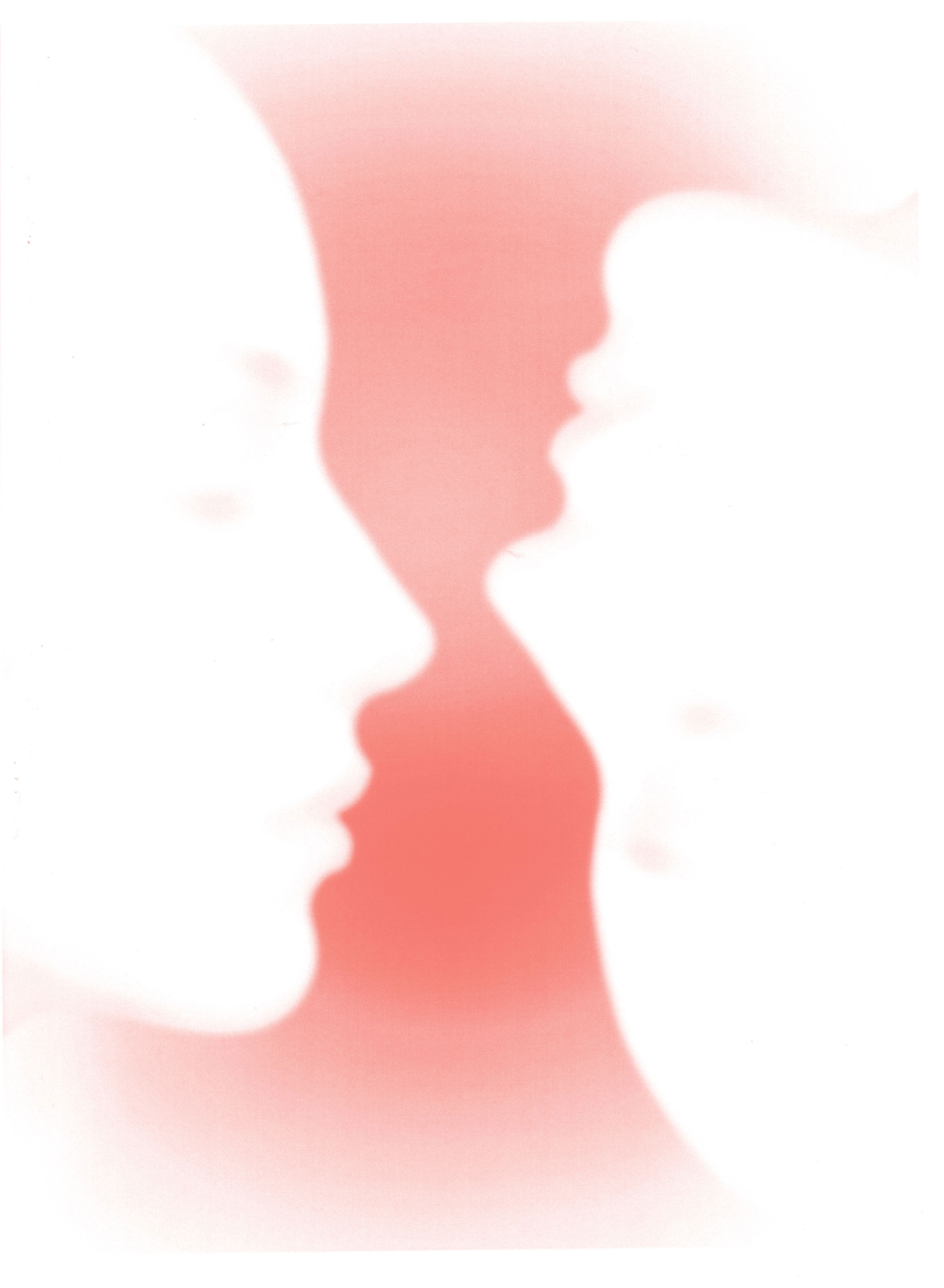 Two softly blurred, white face profiles on a pink background, facing each other closely, with gentle lighting and minimal detail, creating an abstract, dreamy effect.