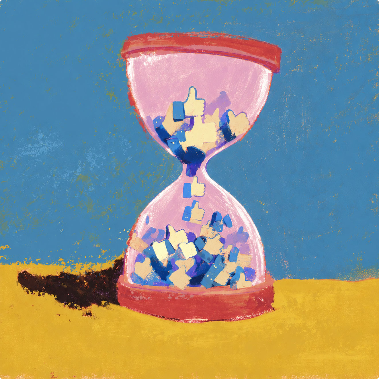 A pink hourglass filled with blue and yellow thumbs-up icons sits on a yellow surface against a blue background.