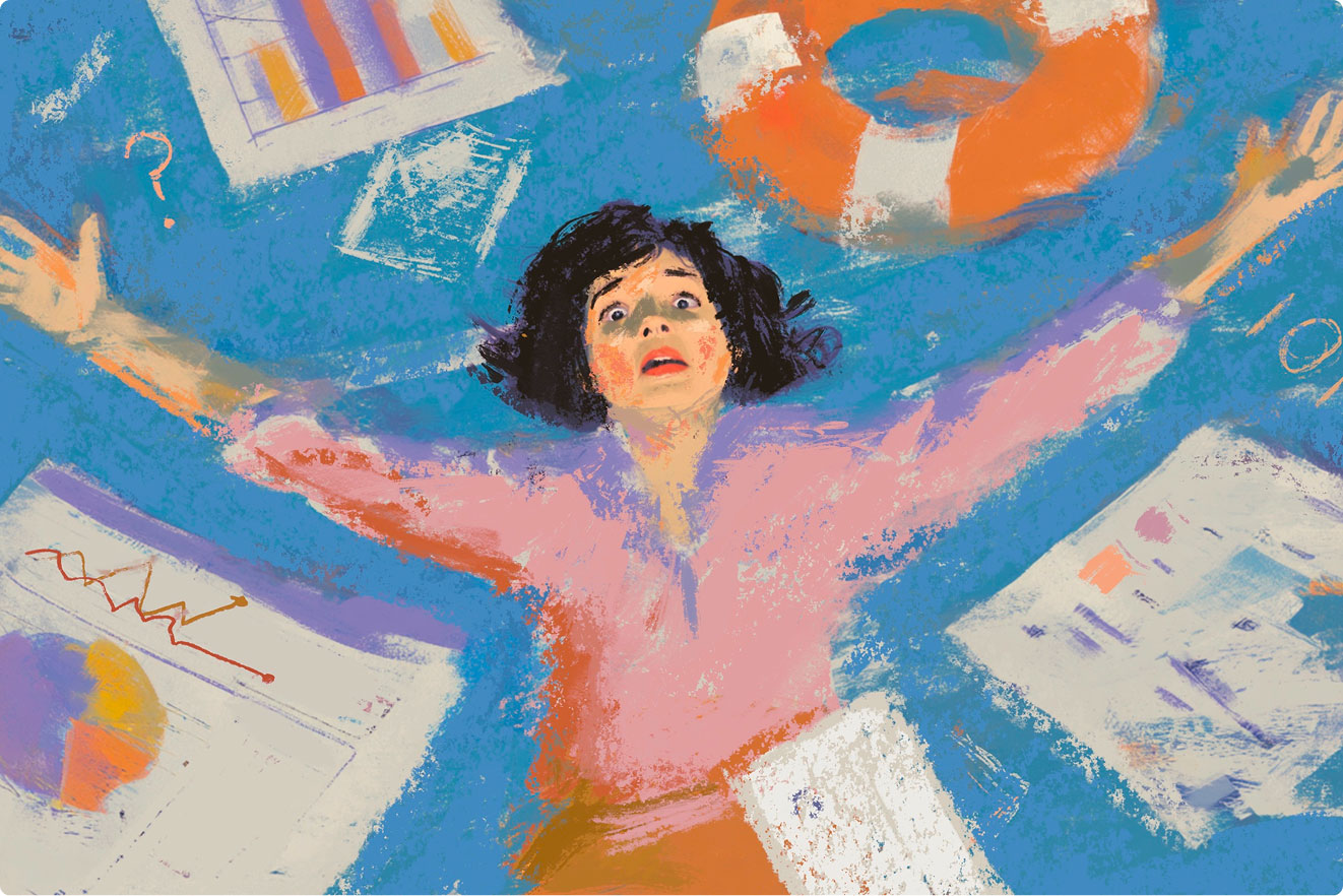 Illustration of a worried woman in pink, flailing in water with graphs, charts, and a life preserver floating around her, symbolizing feeling overwhelmed.