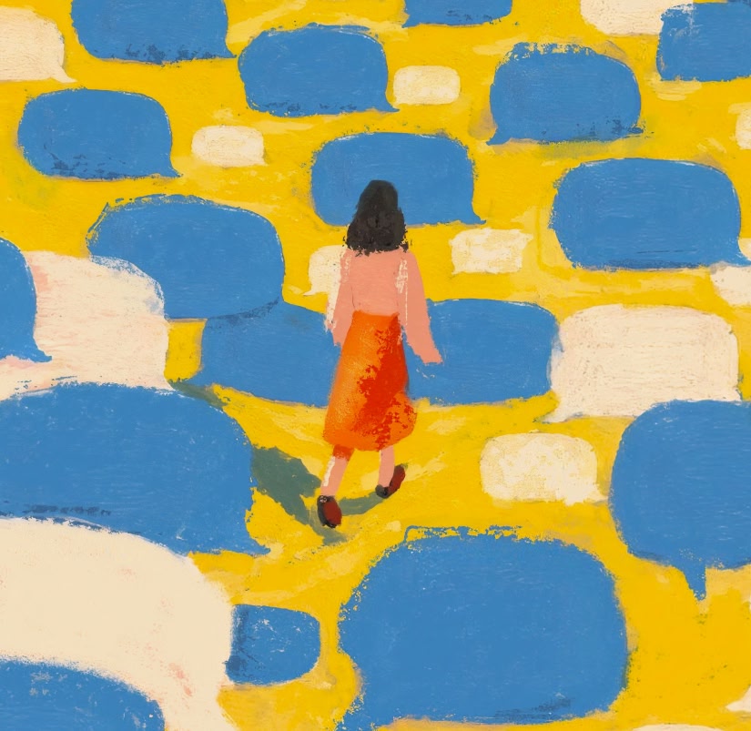 A person in a red skirt and pink top walks across a path of large blue and white stepping stones on a bright yellow background.