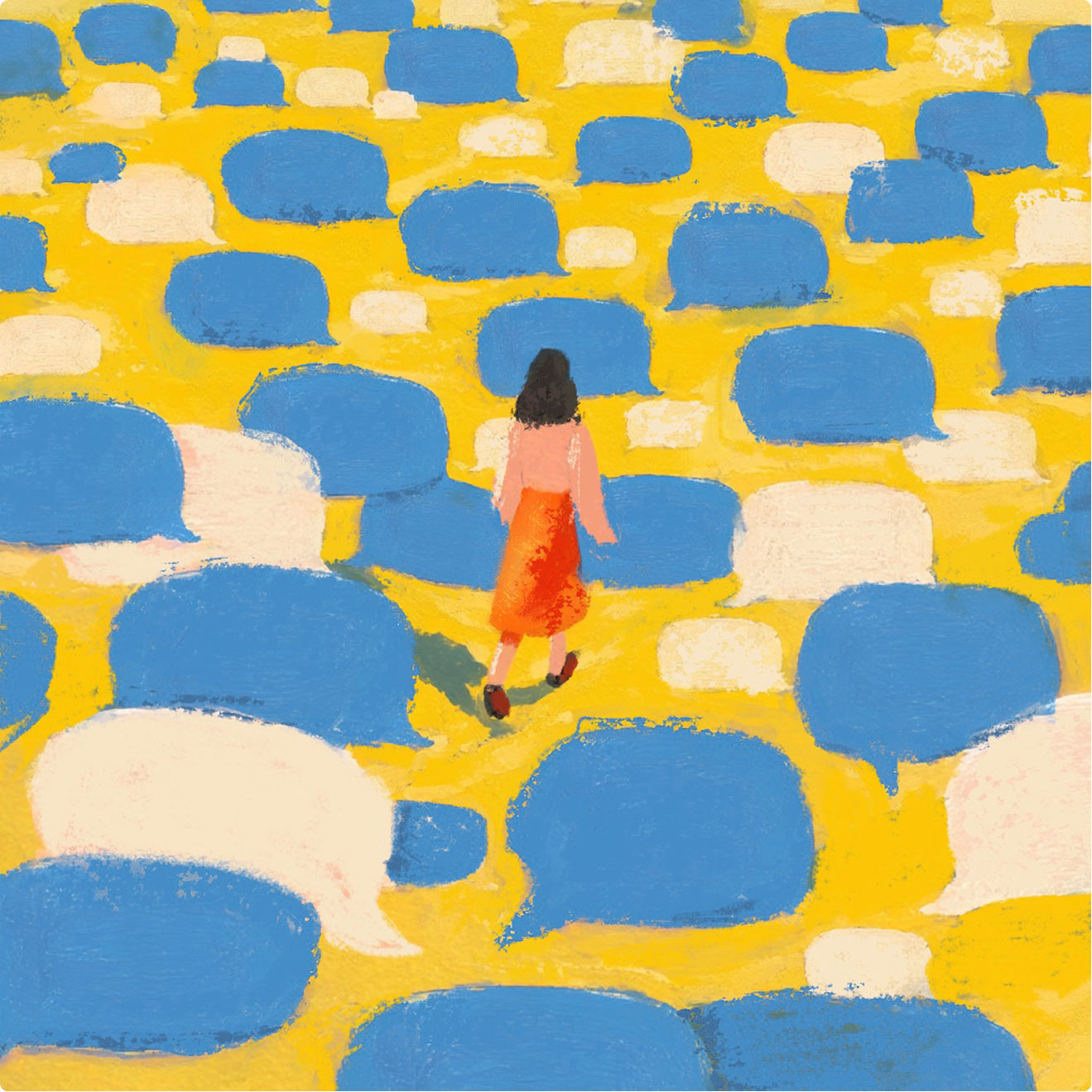 A woman in a red dress walks among large blue and white speech bubbles scattered across a yellow background, symbolizing navigating conversations or messages.