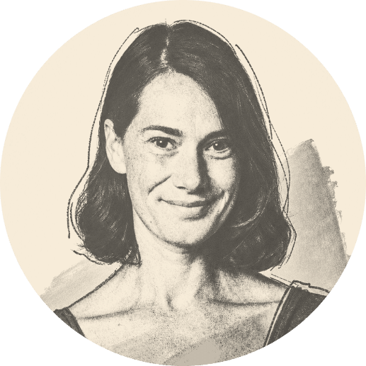 Black and white portrait of a woman with shoulder-length dark hair, a slight smile, and wearing a sleeveless top. The background is a light, circular beige shape.