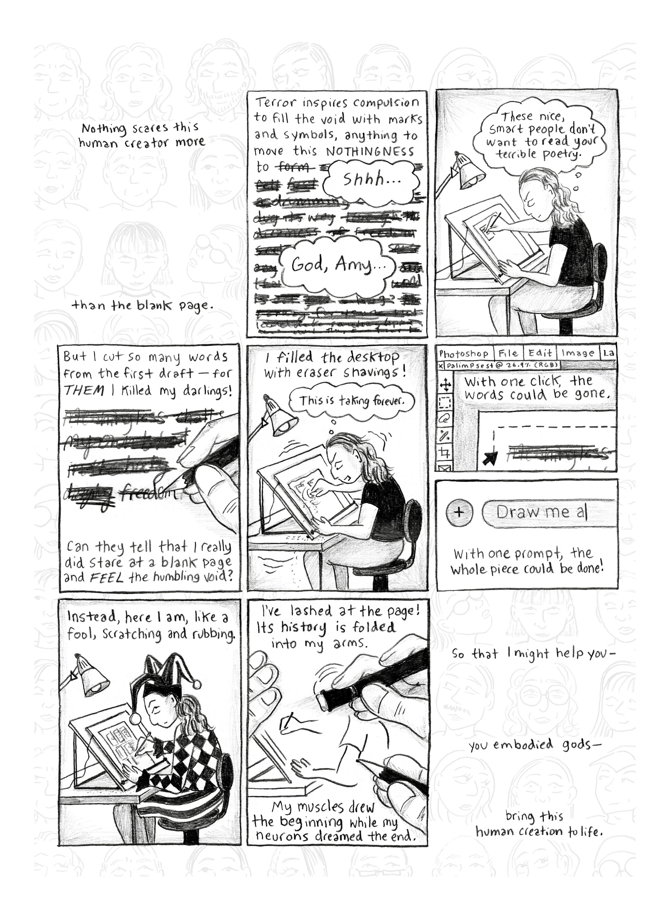A black-and-white comic shows a woman struggling with creative block at her desk, surrounded by sketches and tools. She worries about starting on a blank page, then gradually fills it with drawings, overcoming her fear.