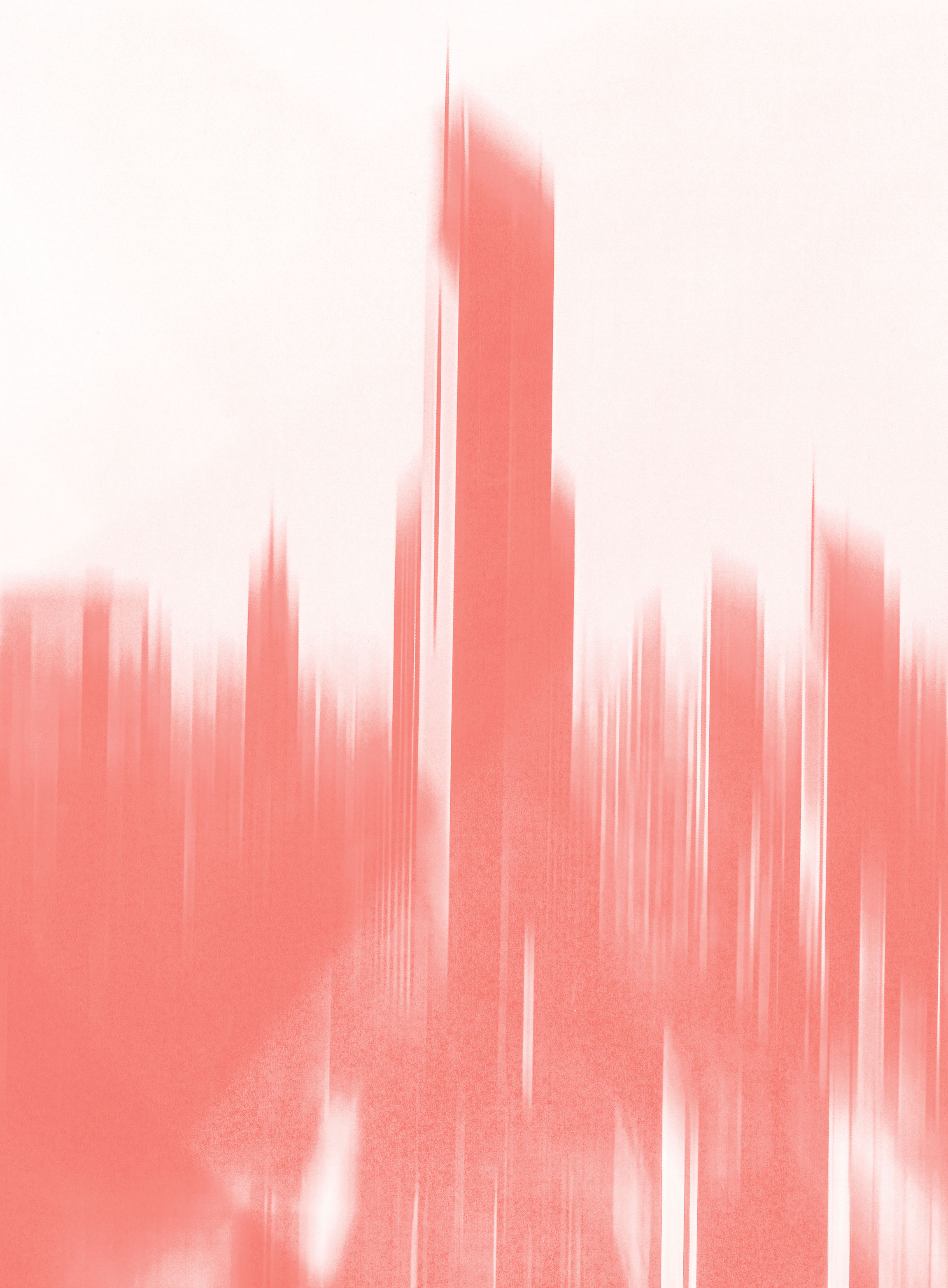 Abstract, blurry city skyline in shades of coral and white, with tall buildings and vertical lines creating a sense of motion or distortion.