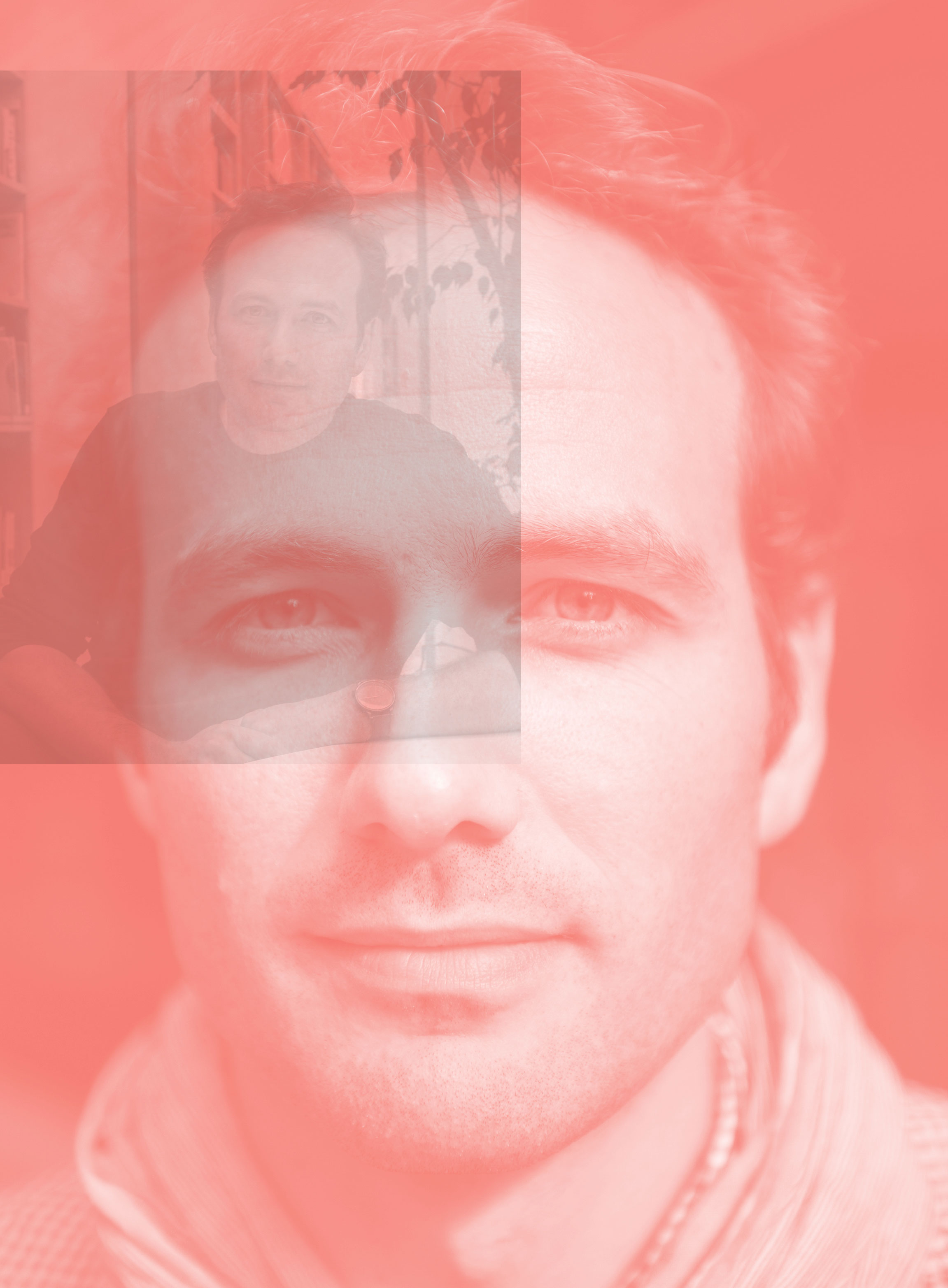 A close-up of a man's face overlaid with a translucent red filter. A smaller, semi-transparent photo of the same man sitting at a table is superimposed on his face. Both images emphasize his facial features.