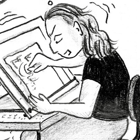 A person with long hair sits at a tilt-top desk, drawing on a digital tablet with a stylus. They look focused and determined. The image is rendered in black-and-white sketch style.