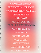 A blurred magazine cover lists names in red and white text, such as Naomi Alderman, Nick Cave, Amy Kurzweil, and Will Storr, with the title "PEOPLE & TECHNOLOGY" among the names.