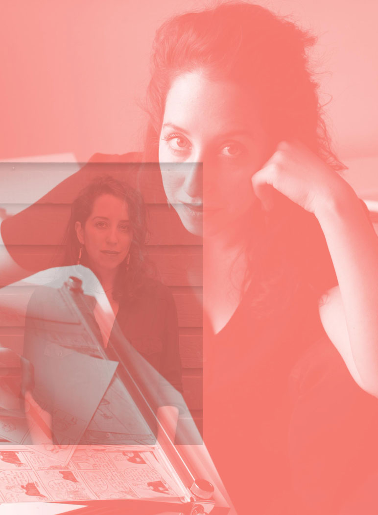 A woman with curly hair appears in a double exposure effect; one image shows her seated and looking at the camera, while another shows her drawing on a large sheet of paper. Both are overlaid with a red tint.