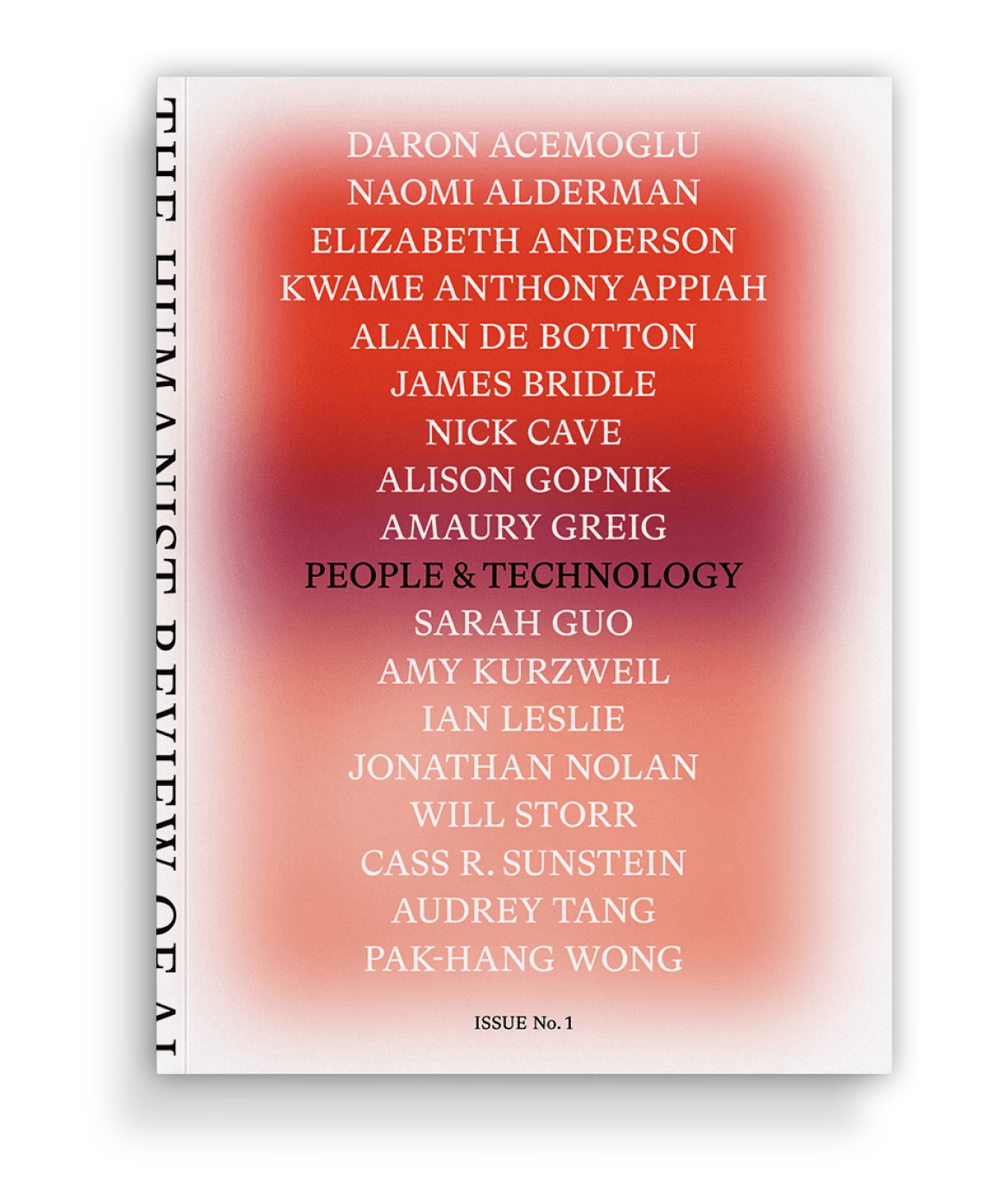 A magazine cover titled “THE HUMANIST REVIEW OF AI” lists 17 contributors’ names in white text on a pink-orange gradient background, with “PEOPLE & TECHNOLOGY” in bold; the issue is marked as number 1.