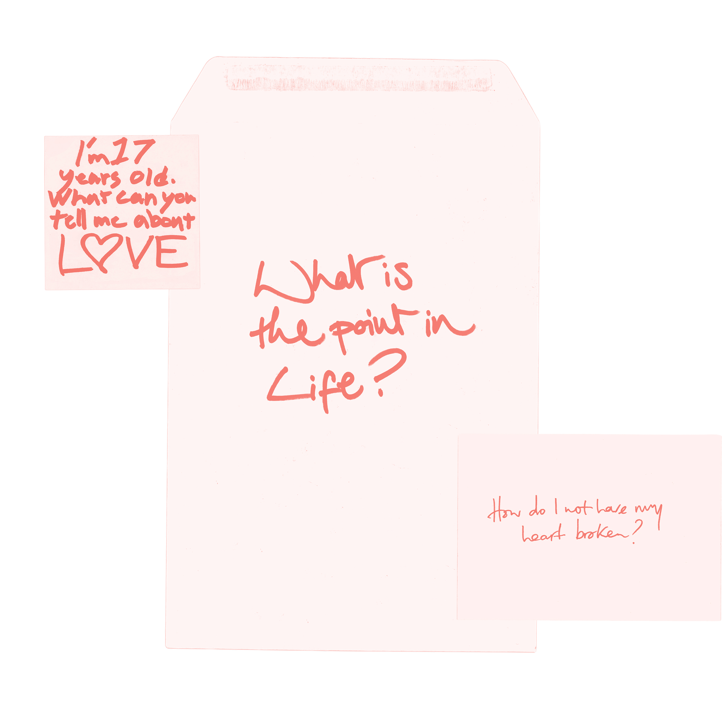 A large envelope displays the handwritten question "What is the point in life?" Nearby, two pink sticky notes read, "I'm 17 years old. What can you tell me about love?" and "How do I not have my heart broken?.