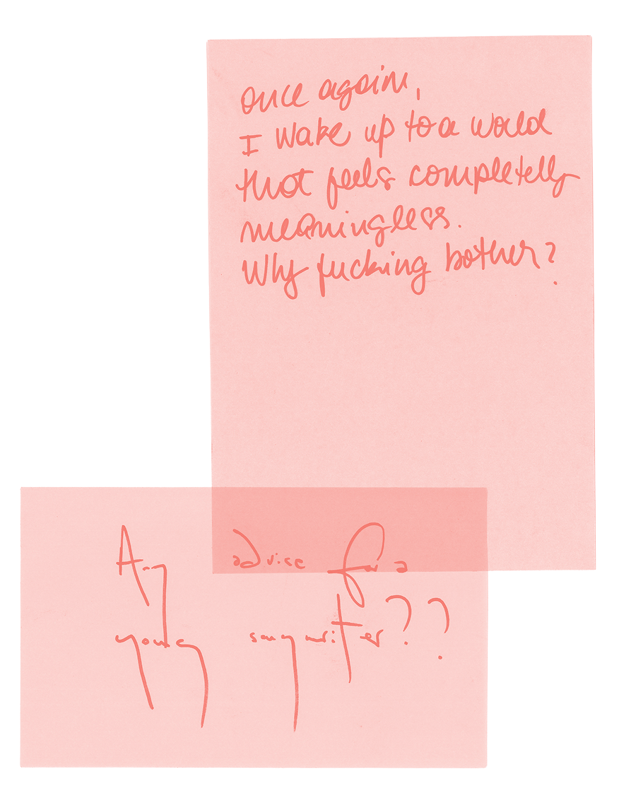 Two pink sticky notes with handwritten red text, expressing feelings of meaninglessness and the question, "Why bother?" The writing is emotional and difficult to read in some places.