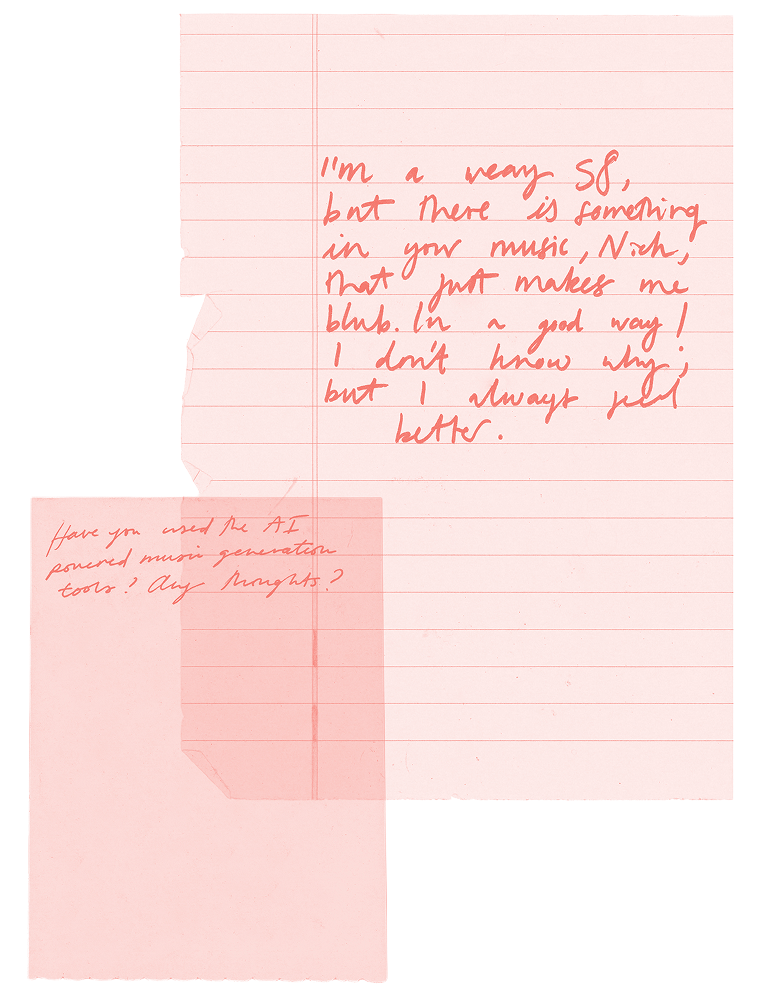 Two pink notepapers with handwritten messages. The larger note discusses music making the writer blush. The smaller note asks if someone has read AI-powered music generation news. Both are written in red ink on torn paper.