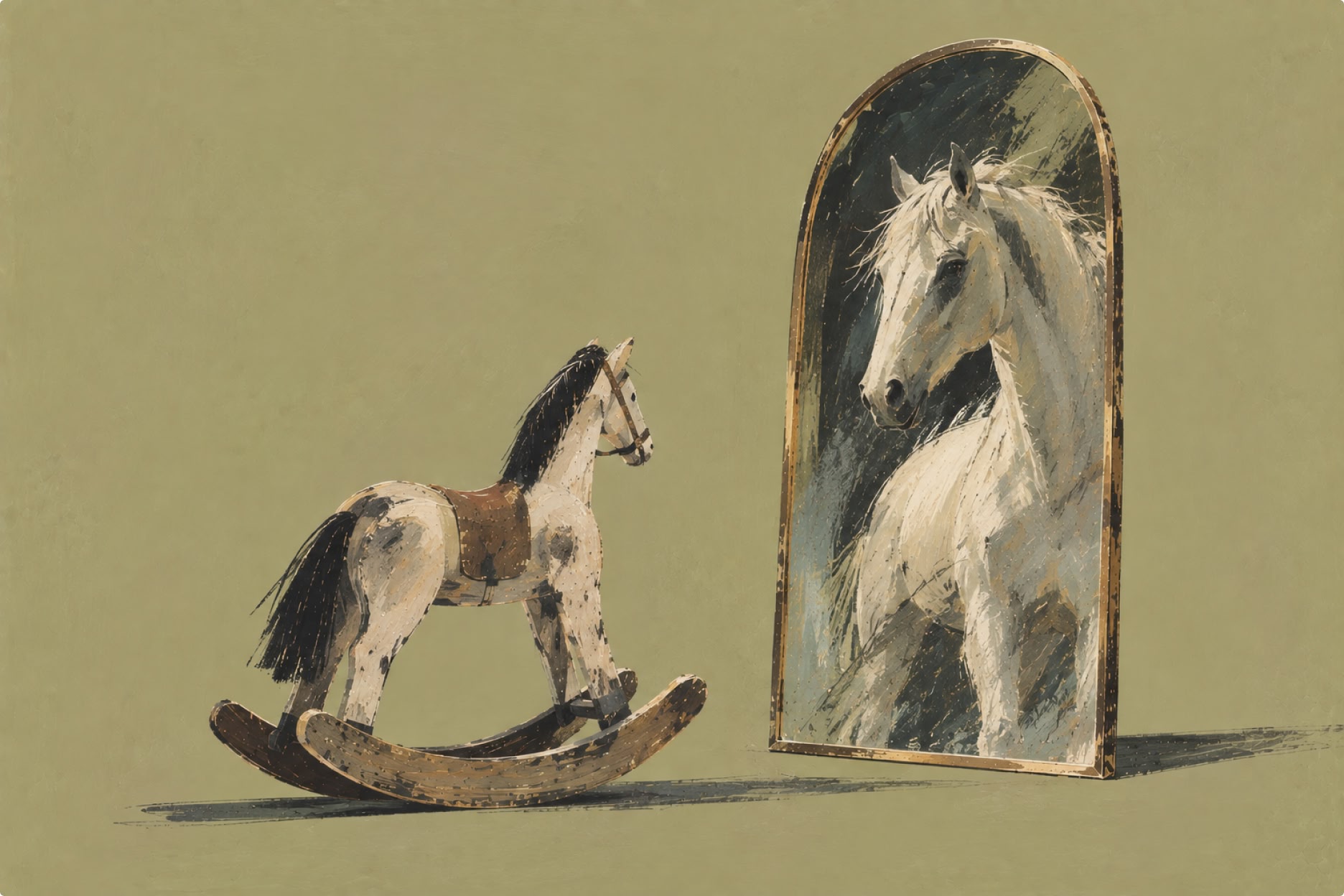 A wooden rocking horse faces a mirror, where its reflection appears as a real, lifelike white horse. The background is plain and muted green.