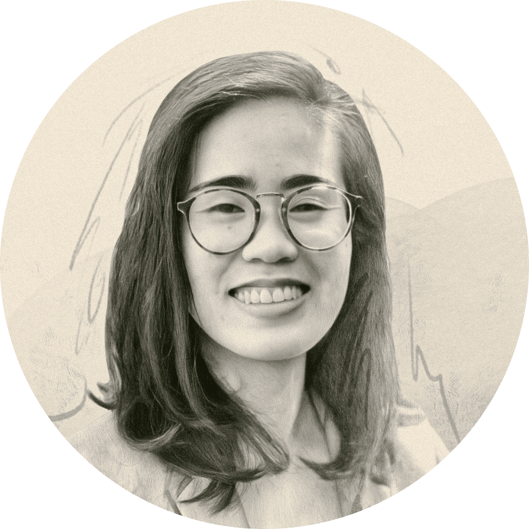 Portrait illustration of a smiling woman wearing round glasses.