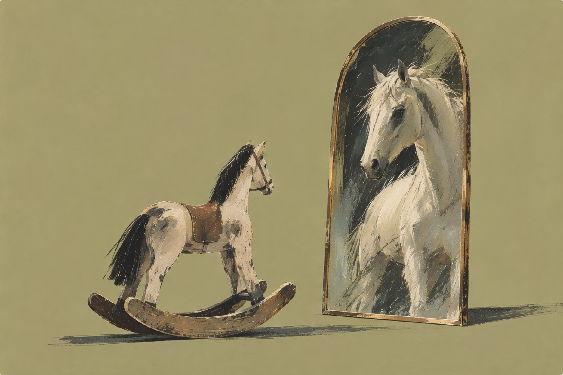 A small wooden rocking horse faces an arched mirror, in which its reflection appears as a living white horse.